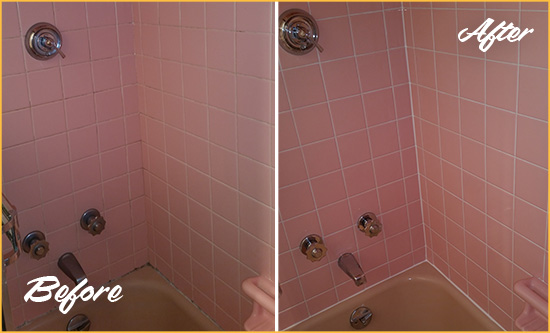 Before and After Picture of a Grout Caulking in a Bathtub Area