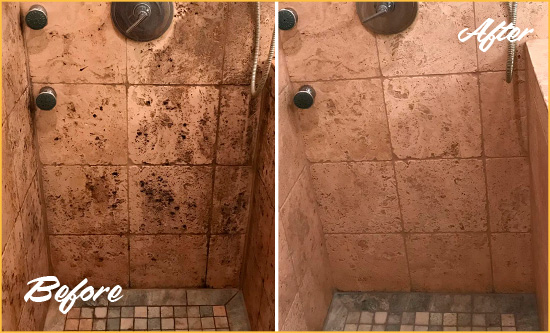 Before and After Picture of a Travertine Shower Honed and Polished to Remove Mineral Deposits