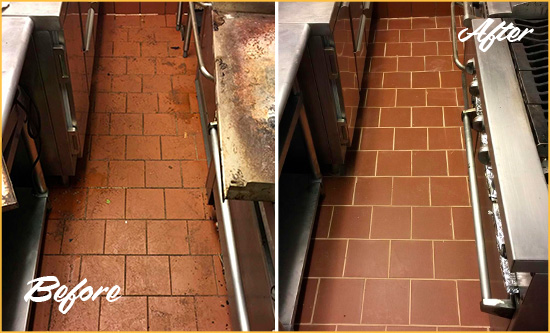 Before and After Picture of a Royal Palm Beach Restaurant Kitchen Tile and Grout Cleaned to Eliminate Dirt and Grease Build-Up