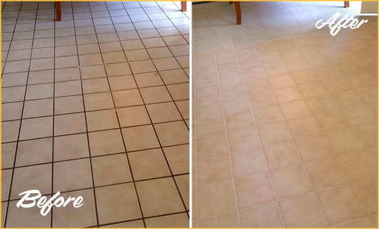 Before and After Picture of a Cloud Lake Kitchen Tile and Grout Cleaned to Remove Embedded Dirt