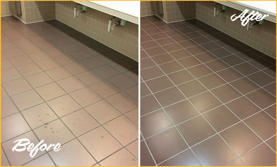 Before and After Picture of a Loxahatchee Groves Restrooms Tile and Grout Cleaned to Remove Embedded Dirt