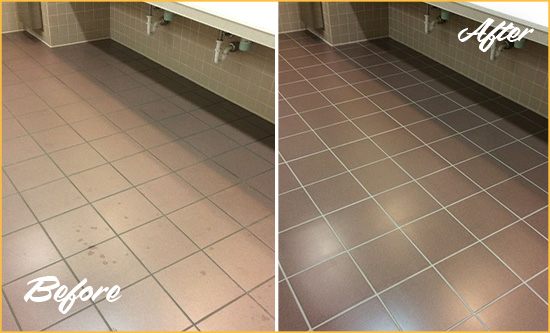 Before and After Picture of a Village of Golf Restrooms Tile and Grout Cleaned to Remove Embedded Dirt