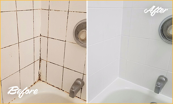 Before and After Picture of a Palm Springs Shower Tile and Grout Cleaned to Eliminate Mold