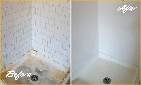 Before and After Picture of a Palm Springs Shower Tile and Grout Cleaned to Remove Soap Scum