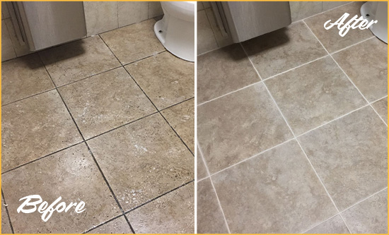 Before and After Picture of a Cloud Lake Restroom Tile and Grout Cleaned to Remove Soil