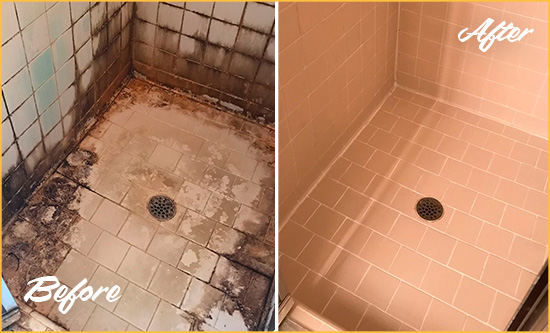 Before and After Picture of a South Palm Beach Shower Tile and Grout Cleaned to Repair Water Damage