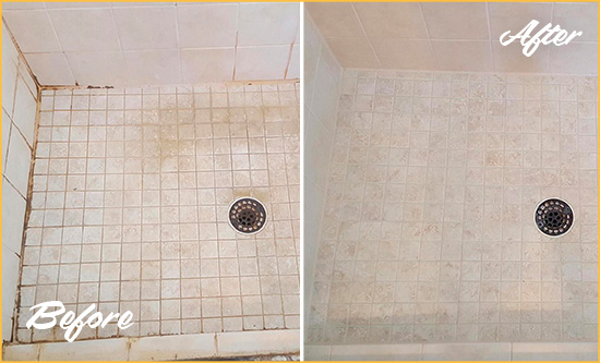 Before and After Picture of a Lake Clarke Shores Shower Caulked to Fix Cracks
