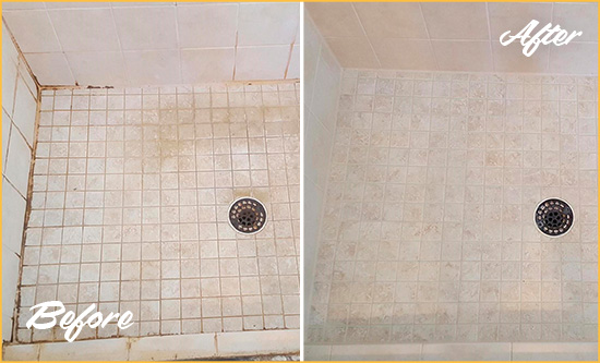 Before and After Picture of a Ocean Ridge Shower Caulked to Fix Cracks