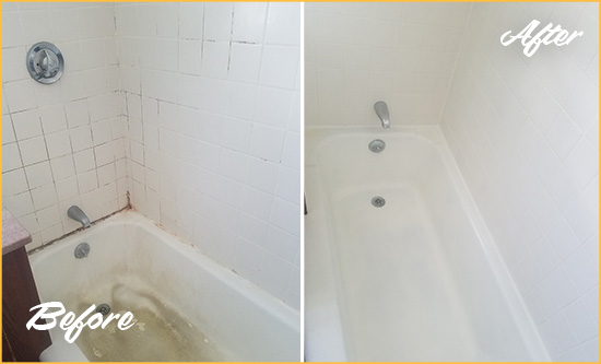 Before and After Picture of a Gulf Stream Bathtub Caulked to Repair Cracks