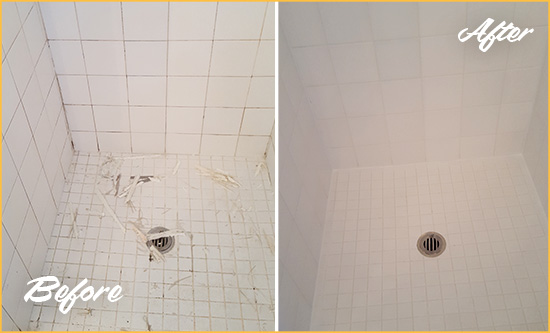 Before and After Picture of a Limestone Creek Bathroom Re-Caulked To Repair Damaged Caulking