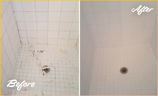 Before and After Picture of a Pahokee Bathroom Re-Caulked To Repair Damaged Caulking