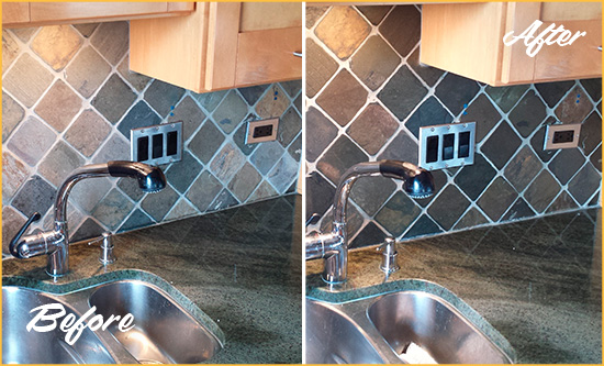 Before and After Picture of a Pahokee Backsplash Caulked to Fix and Prevent Water Leaks