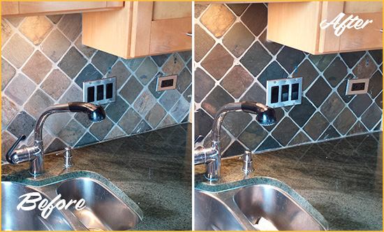 Before and After Picture of a Manalapan Backsplash Caulked to Fix and Prevent Water Leaks