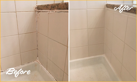 Before and After Picture of a Manalapan Shower Caulked to Repair Damaged Caulking