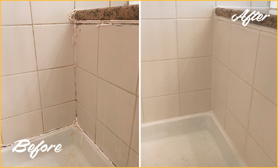 Before and After Picture of a Glen Ridge Shower Caulked to Repair Damaged Caulking