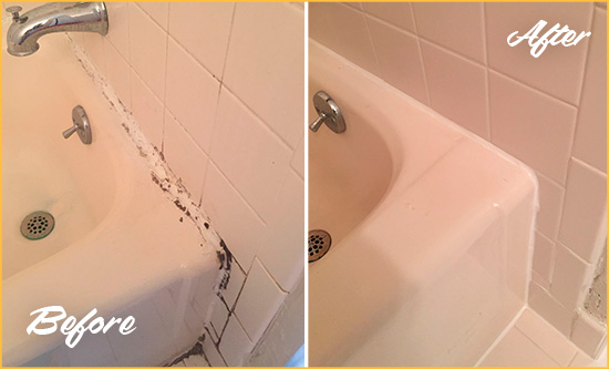 Before and After Picture of a Jupiter Inlet Colony Bathroom Sink Caulked to Fix a DIY Proyect Gone Wrong