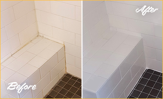 Before and After Picture of a Jupiter Inlet Colony Shower Seat Caulked to Protect Against Mold and Mildew Growth