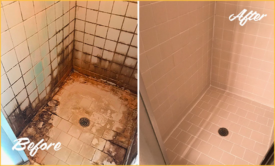 Before and After Picture of a Ocean Breeze Shower Caulked to Fix and Prevent Water Damage