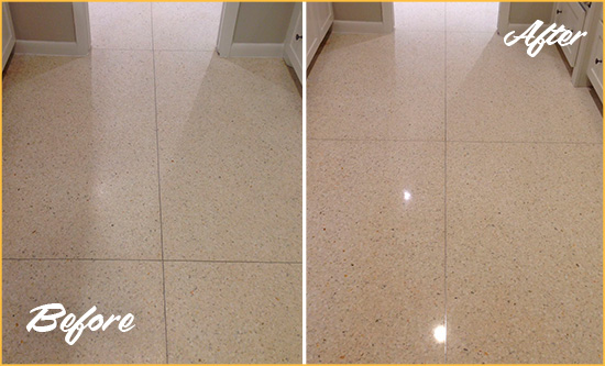 Before and After Picture of a Stuart Granite Stone Floor Polished to Repair Dullness