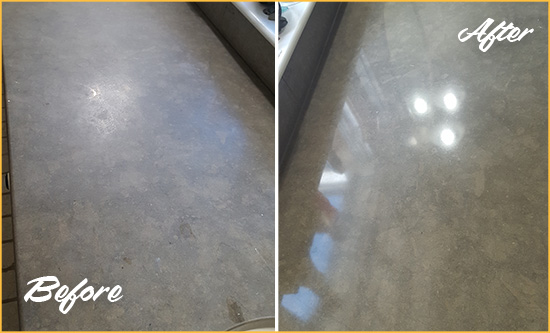 Before and After Picture of a Dull Jupiter Island Limestone Countertop Polished to Recover Its Color