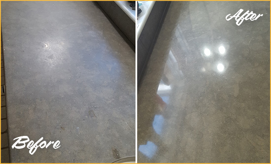 Before and After Picture of a Dull Lantana Limestone Countertop Polished to Recover Its Color