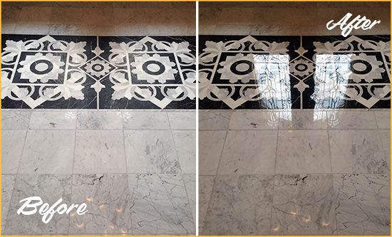 Before and After Picture of a Lantana Marble Stone Floor Polished to a Mirror Shine