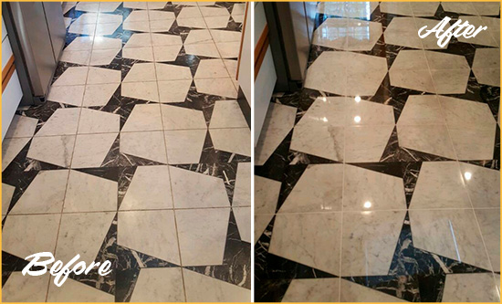 Before and After Picture of a Dull Lake Worth Marble Stone Floor Polished To Recover Its Luster