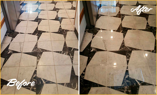 Before and After Picture of a Dull Tequesta Marble Stone Floor Polished To Recover Its Luster