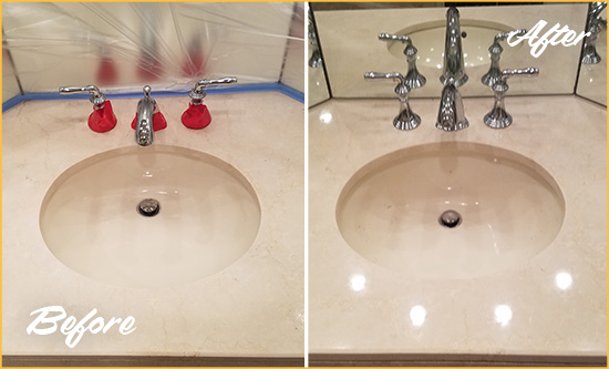 Before and After Picture of a Dull Juno Beach Marble Stone Vanity Top Polished to Bring-Back Its Sheen