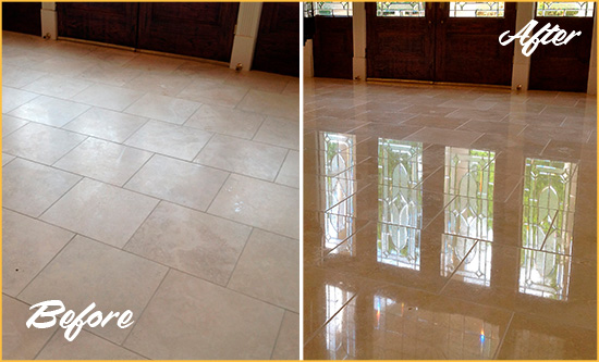 Before and After Picture of a Dull Singer Island Travertine Stone Floor Polished to Recover Its Gloss