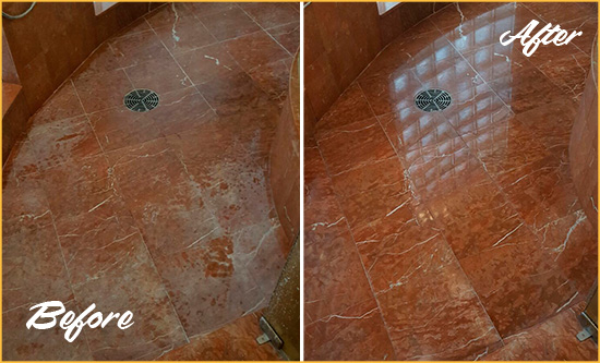 Before and After Picture of a Ocean Ridge Marble Stone Shower Polished to Eliminate Mineral Deposits