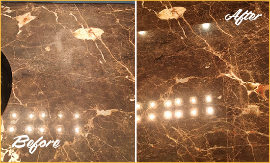 Before and After Picture of a Ocean Ridge Marble Stone Countertop Polished to Eliminate Stains