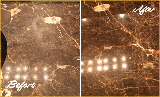 Before and After Picture of a Tequesta Marble Stone Countertop Polished to Eliminate Stains