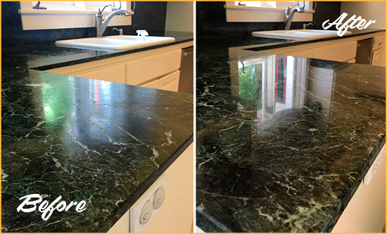 Before and After Picture of a Highland Beach Marble Stone Counter Polished to Eliminate Water Marks