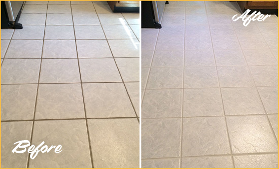 Before and After Picture of a West Palm Beach Kitchen Ceramic Floor Sealed to Protect From Dirt and Spills