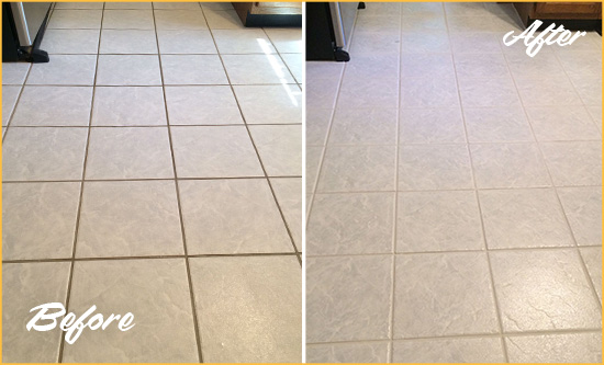 Before and After Picture of a Wellington Kitchen Ceramic Floor Sealed to Protect From Dirt and Spills