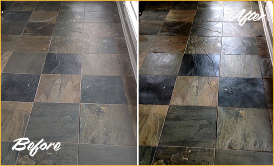 Before and After Picture of a Dull Palm Beach Slate Floor Sealed to Bring Back Its Colors