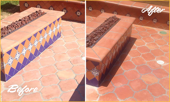 Before and After Picture of a Dull Cloud Lake Terracotta Patio Floor Sealed For UV Protection