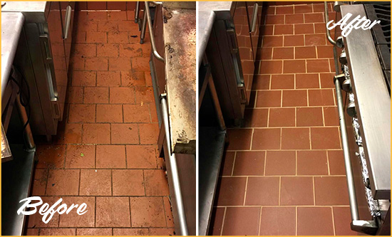Before and After Picture of a Lake Worth Restaurant Kitchen Floor Sealed to Remove Soil