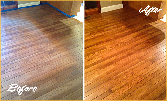 Before and After Picture of a Atlantis Wood Sand Free Refinishing Service on a Dull Floor to Recover Its Sheen