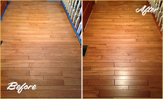 Before and After Picture of a Atlantis Wood Sand Free Refinishing Service on a Dull Hallway