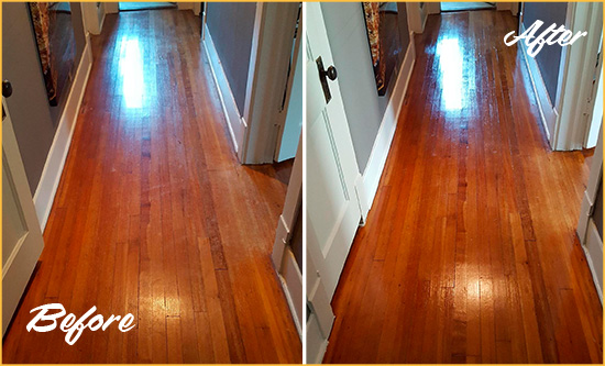 Before and After Picture of a Ocean Breeze Wood Sand Free Refinishing Service on a Floor to Eliminate Scratches