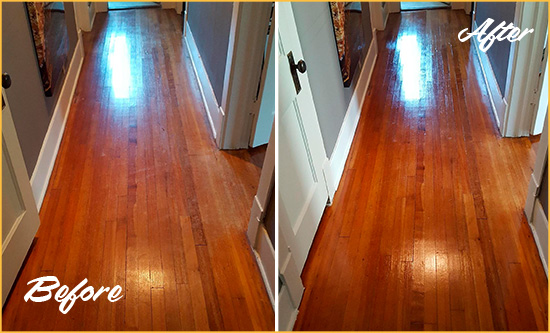 Before and After Picture of a Atlantis Wood Sand Free Refinishing Service on a Floor to Eliminate Scratches