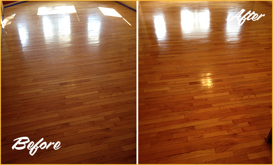 Before and After Picture of a Stuart Wood Sand Free Refinishing Service on a Room Floor to Remove Scratches