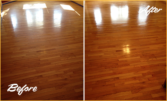 Before and After Picture of a Palm Springs Wood Sand Free Refinishing Service on a Room Floor to Remove Scratches