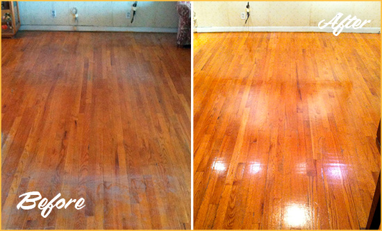 Before and After Picture of a Atlantis Wood Sand Free Refinishing Service on a Stained Floor