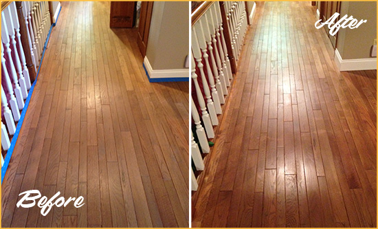 Before and After Picture of a Gulf Stream Wood Sand Free Refinishing Service on a Worn Out Floor
