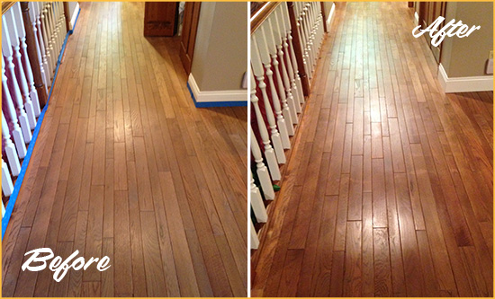 Before and After Picture of a Lantana Wood Sand Free Refinishing Service on a Worn Out Floor