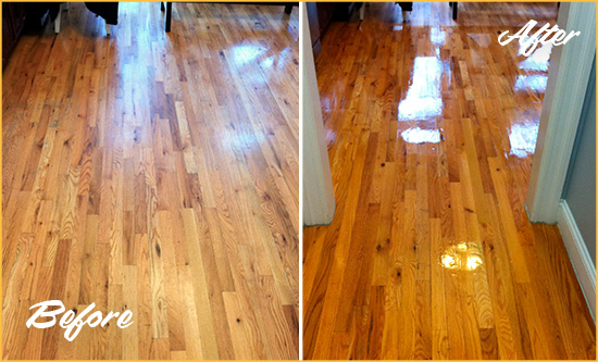 Before and After Picture of a Atlantis Wood Sand Free Refinishing Service on a Worn Out Hallway
