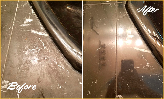 Before and After Picture of a Palm Beach Marble Countertop Cleaned to Remove Deep Dirt